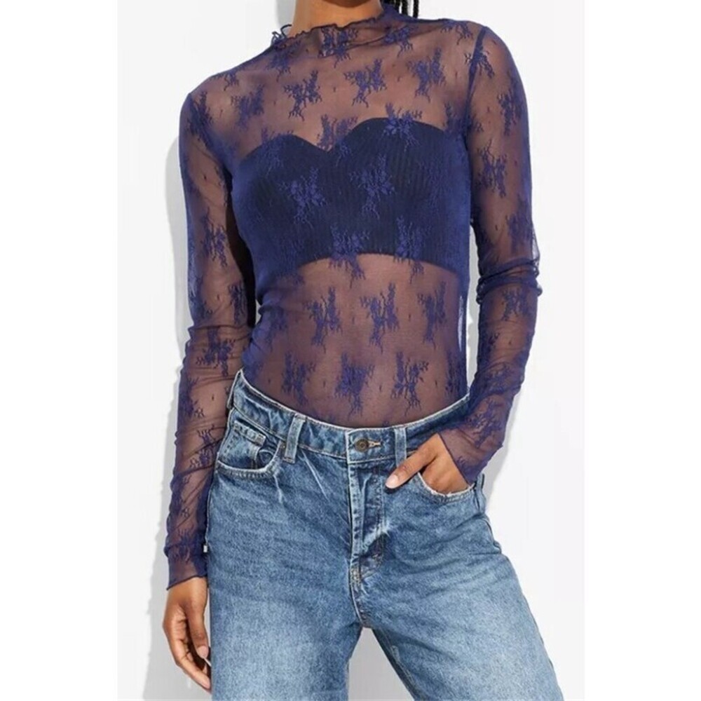 1I1399 N Lace Mesh Sheer Top Navy Various Sizes